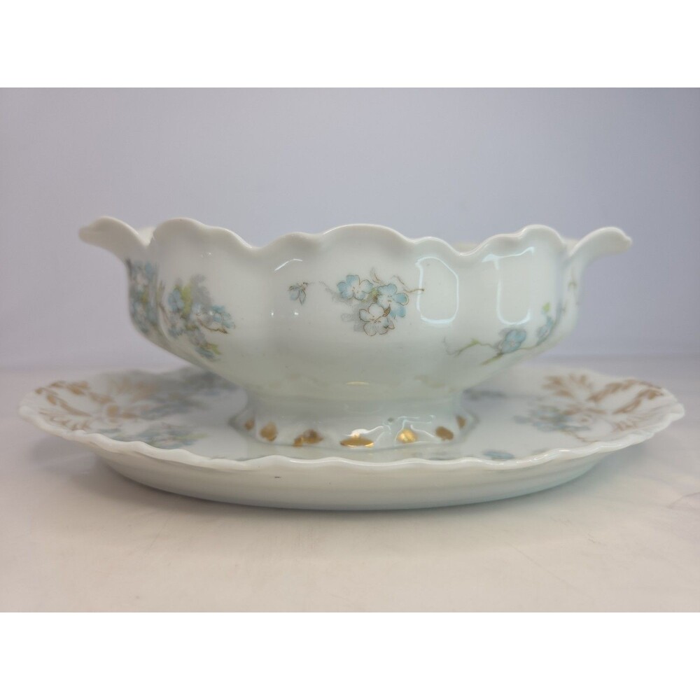 Theodore Haviland Limoges France Gravy w/Attached Underplate Blue Floral Design